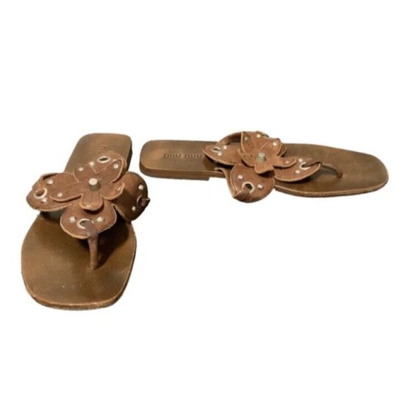 Y2k Miu Miu Leather Flower Studded Boho Sandals 7 leather floral spring designer - Picture 1 of 1